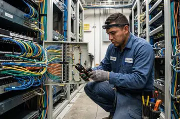 Técnico arreglando cableado y estructurado de redes